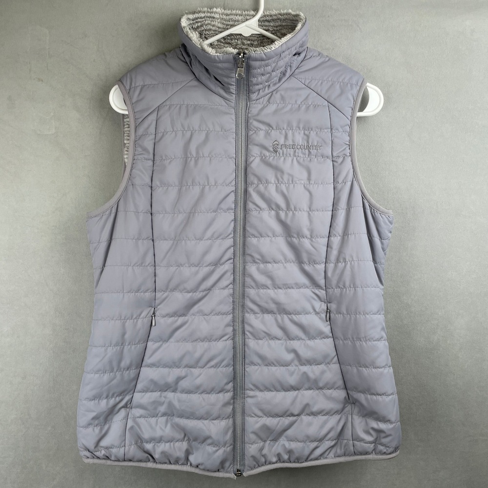 Free Country Womens Reversible Puffer Vest Grey Cozy Camping Quilted Faux Fur M